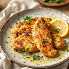 Trois aiguillettes de poulet dorées et savoureuses, nappées d'une sauce légère et garnies de persil frais et d'une tranche de citron.