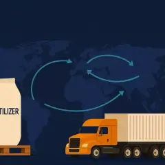 Globalny transport nawozów i jego wpływ na ceny. Symbol dolara i wykrzyknik wskazują na ryzyko.