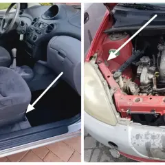 Wnętrze Toyoty i komora silnika. Strzałka wskazuje miejsce z numerem VIN, który pomoże ustalić toyota kod lakieru.
