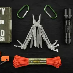 Zestaw przetrwania dla preppersów: apteczka, multitool, latarka, nóż, krzesiwo i paracord. Kto to? Osoby przygotowane na różne sytuacje.