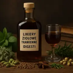 Jagdstolz - butelka likieru ziołowego, kieliszek z nalewką, zioła i przyprawy. Tradycyjny smak natury.