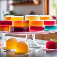 Gourmandises colorées, des gelées aux fruits, certaines en agar agar, présentées sur un plateau.