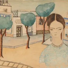 Frida Kahlo's first painting, a watercolor portrait of a young girl in a blue dress, stands before a quaint Mexican town scene with trees and buildings.