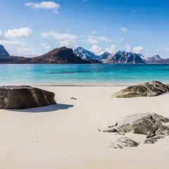 En vit sandstrand vid en turkosblå havsvik, med snöklädda berg i bakgrunden. En idyllisk lofoten beach.