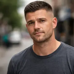 Hombre con pelo rapado y barba de tres días, mirando a la cámara con una expresión seria.