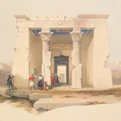 A watercolor painting depicts the ancient Temple of Dendur, with figures in traditional attire gathered near its entrance.