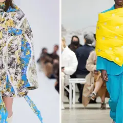 Balenciaga models visar upp unika, blommiga jackor och en modell i turkost med en stor, gul scarf.