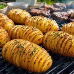 Pommes de terre hasselback dorées et savoureuses sur le barbecue, parsemées d'herbes fraîches. Un délice pour accompagner vos grillades.