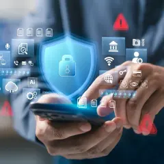 Dłonie trzymające smartfon, na którym wyświetla się tarcza z kłódką, symbole bezpieczeństwa i ostrzeżenia. Potwierdzenie autoryzacji.