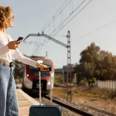 Kobieta z plecakiem i walizką czeka na pociąg PKP. Jej bagaż ponadwymiarowy jest gotowy do podróży.
