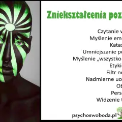 Twarz z zielono-czarnym wzorem symbolizującym zniekształcenia poznawcze. Lista zawiera m.in. katastrofizację i myślenie „wszystko albo nic”.