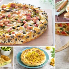 Varie torte salate: una con prosciutto e zucchine, una chiusa, una con pomodorini e olive, una con zucchine e una con fiori di zucca.