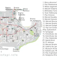 Mapa Starego Miasta Rodos z zaznaczoną trasą turystyczną. Odkryj rodos najpiękniejsze miejsca, od murów obronnych po świątynię Afrodyty.