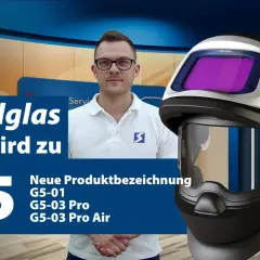 Kaskadę spawalniczą 3M Speedglas G5 zastępuje nowa seria G5. Mężczyzna w okularach prezentuje kask.