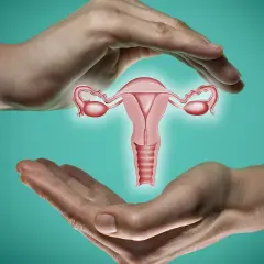 Dłonie otaczają macicę z jajowodami. Ilustracja symbolizuje troskę o zdrowie reprodukcyjne i zamkniętą szyjkę macicy - jak wyczuć jej stan.
