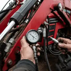 Mechanik sprawdza manometrem, dlaczego pompa nie daje ciśnienia w ładowarce.