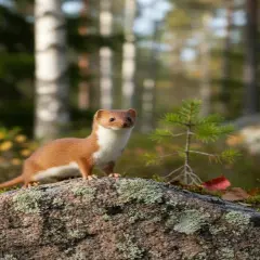 En liten vessla, ett nyfiket djur, tittar fram från en mossbelupen sten i en skogsmiljö.