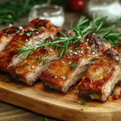 Costillas de cerdo al horno, jugosas y doradas, servidas en tabla de madera con romero y sal gruesa.