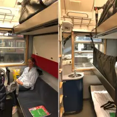 En kvinna sitter i en kupé på ett nattåg. Bredvid henne finns bagage och en bädd.