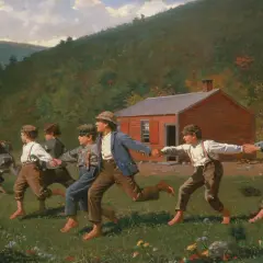 Boys playing "Snap the Whip" in a field in front of a red schoolhouse, with rolling hills in the background.