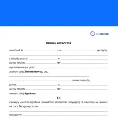 Umowa agencyjna, dokument do wypełnienia przez Zleceniodawcę i Agenta, zawiera pola na dane stron, adresy i numery identyfikacyjne.