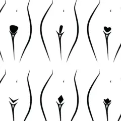 Ilustracje pokazujące różne style depilacji brazylijskiej: kształt serca, paska, kwiatka i inne.