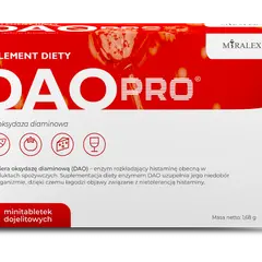Opakowanie suplementu diety DAO PRO z enzymem DAO, który pomaga rozkładać histaminę. 30 minitabletek.