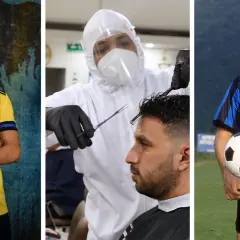 Snygga fotbollsspelare: en i svensk landslagströja, en som klipps i skyddsutrustning, och en med långt hår som håller en fotboll.