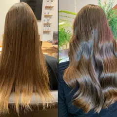 Vorher-Nachher-Vergleich: Langes Haar mit Balayage in Dunkelblond, das nun glänzend und wellig fällt.