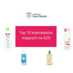 Top 10 kosmetyków myjących na AZS: Avène, HiPP, Babydream, Oilatum, Bioderma, Ziaja, Emolium, Mustela. Nivelium nie jest widoczny.