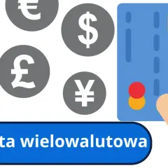 Dłoń trzyma kartę wielowalutową Santander. W tle symbole euro, dolara, funta i jena.