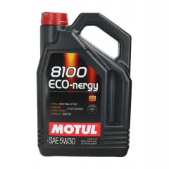 Czarna bańka oleju silnikowego Motul 8100 ECO-nergy SAE 5W30 z czerwonym korkiem.