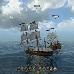 Bitwa morska w grze Age of Pirates 2. Trzy żaglowce na wzburzonym morzu, jeden tonie.
