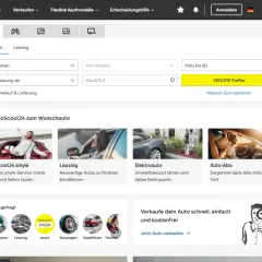 Strona AutoScout24 z formularzem wyszukiwania samochodów i sekcją "Mit AutoScout24 zum Wunschauto".