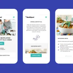 Trzy ekrany smartfonów z aplikacją MultiSport: plan diety, opieka dietetyka, wygodna dieta.