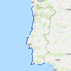 Ruta EuroVelo 1 recorre la costa atlántica de Portugal, pasando por Vigo, Oporto y Lisboa, hasta el sur.
