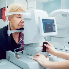 Starsza pani bada swój **pole widzenia** na nowoczesnym sprzęcie okulistycznym.