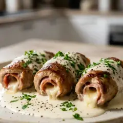 Trois involtini de veau savoureux, garnis de jambon et de fromage fondant, nappés d'une sauce crémeuse et parsemés de persil frais.