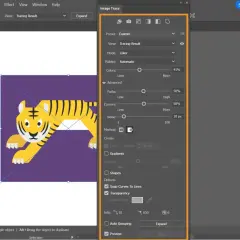 Ein Tigerbild wird mit dem Werkzeug "Bildnachzeichner" in Adobe Illustrator bearbeitet. Die Einstellungen für Pfade, Ecken und Rauschen sind sichtbar.