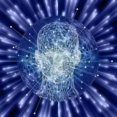 Tête humaine filaire sur une sphère bleue, entourée de rayons lumineux bleus et de flèches. Le fichier yml de l'IA est prêt.