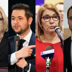 Cztery twarze europosłów z Polski: kobiety w okularach i czarnej marynarce, mężczyzna w garniturze, kobieta w czerwonej bluzce i mężczyzna w granatowym garniturze.