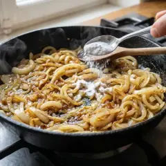 Une main ajoute du sucre aux oignons caramélisés qui cuisent dans une poêle en fonte.