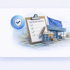 Dokument "Custom Declaration" na tle budynku celnego z flagą UE. Odprawa fiskalna przebiega sprawnie.