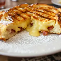 Une délicieuse croute savoyarde, dorée et saupoudrée de sucre glace, révèle un cœur fondant au fromage et jambon.