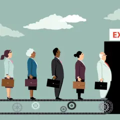 A diverse group of professionals on a conveyor belt approach an "EXIT" sign, illustrating the need for diversity equity and inclusion best practices to ensure everyone has a path forward.