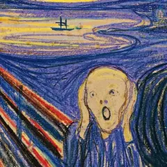 Una figura con las manos en las orejas, rostro pálido y boca abierta, en un paisaje onírico. Varias versiones de "El Grito" capturan esta angustia.