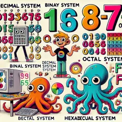 Kolorowa grafika edukacyjna o systemach liczbowych. Pokazuje, jak zamienić system dziesiętny na binarny, z postaciami i przykładami.
