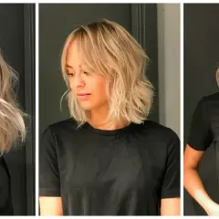 En kvinna med blont, vågigt hår och lugg. Denna page frisyr är stylad med textur och volym.
