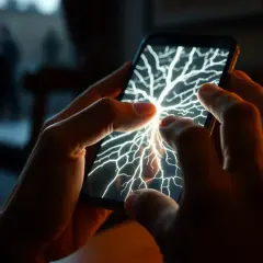 Dłonie trzymają telefon, którego ekran rozświetla biała, rozgałęziona błyskawica. To jak sen o zniszczonym telefonie, który nagle ożywa.