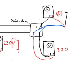 Schemat instalacji elektrycznej z widocznym spadkiem napięcia. Mierniki pokazują 230V i 220V przy czajniku 1000W.